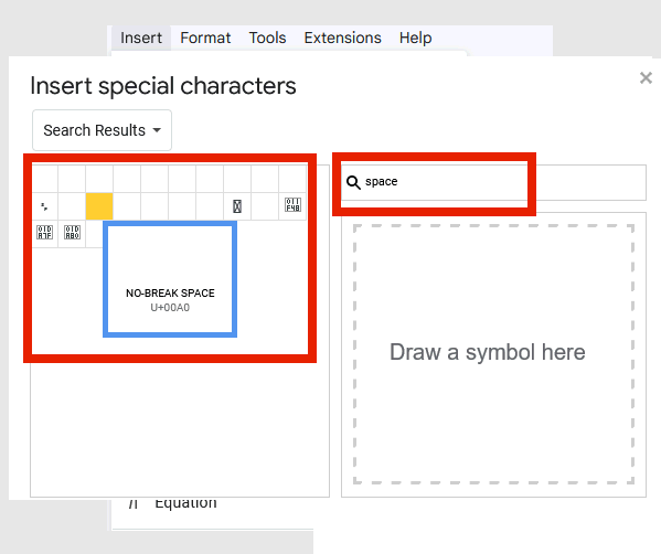 screenshot showing selecting the non-breaking space