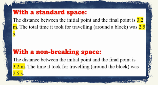 screenshot showing how non-breaking spaces keep numbers and units together