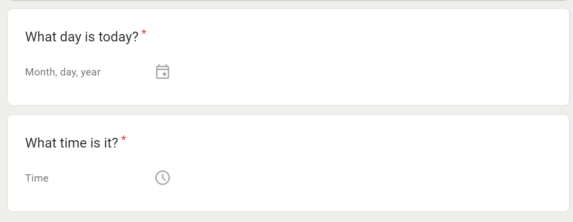 screenshot showing Date and Time questions in Google Forms