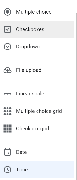 screenshot showing the Date and Time options in Google Sheets question type