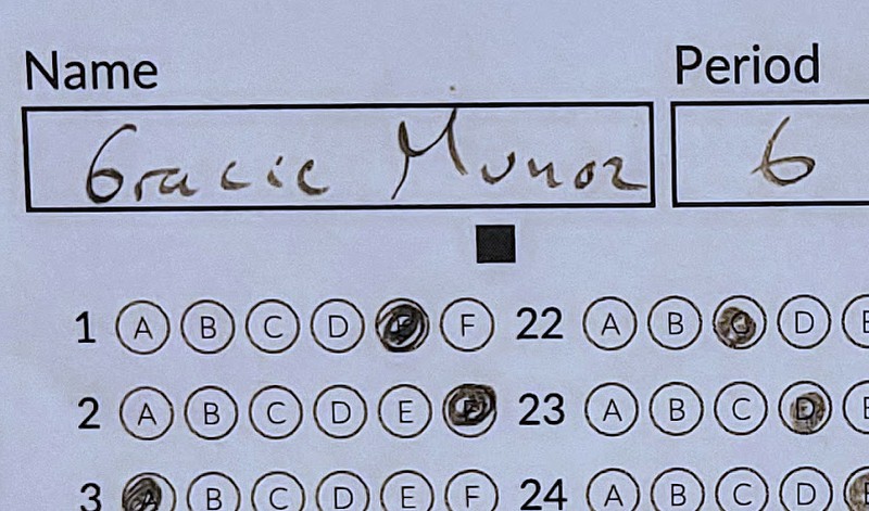 photo of a test with a student's name written in the Name box